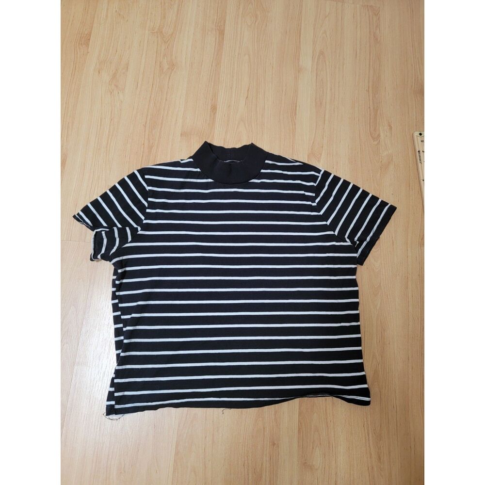 Zara Trafaluc Women's Striped Mock Neck Short Sleeve Top Black White Large